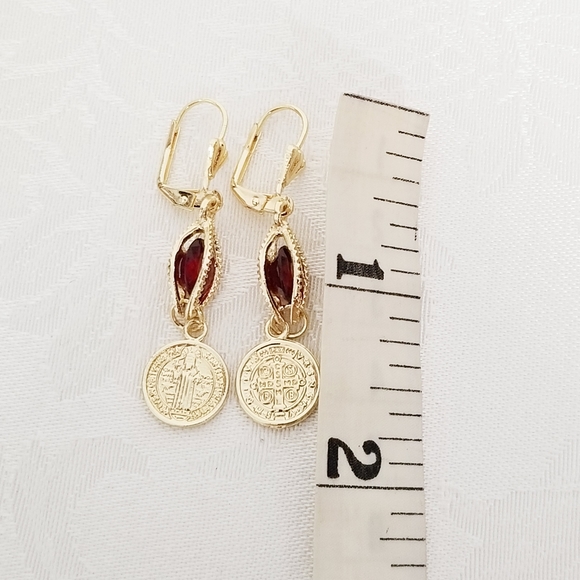 Saint Benedict Red Stone Women's Earrings. 14K Gold Plated. New - Picture 5 of 5